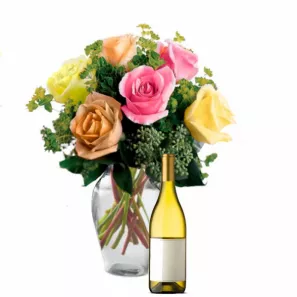 Mixed Summer Roses & White Wine Gift Set order at Burkitt's Floral
