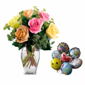 Mixed Summer Roses & Balloon Gift Set order at Burkitt's Floral